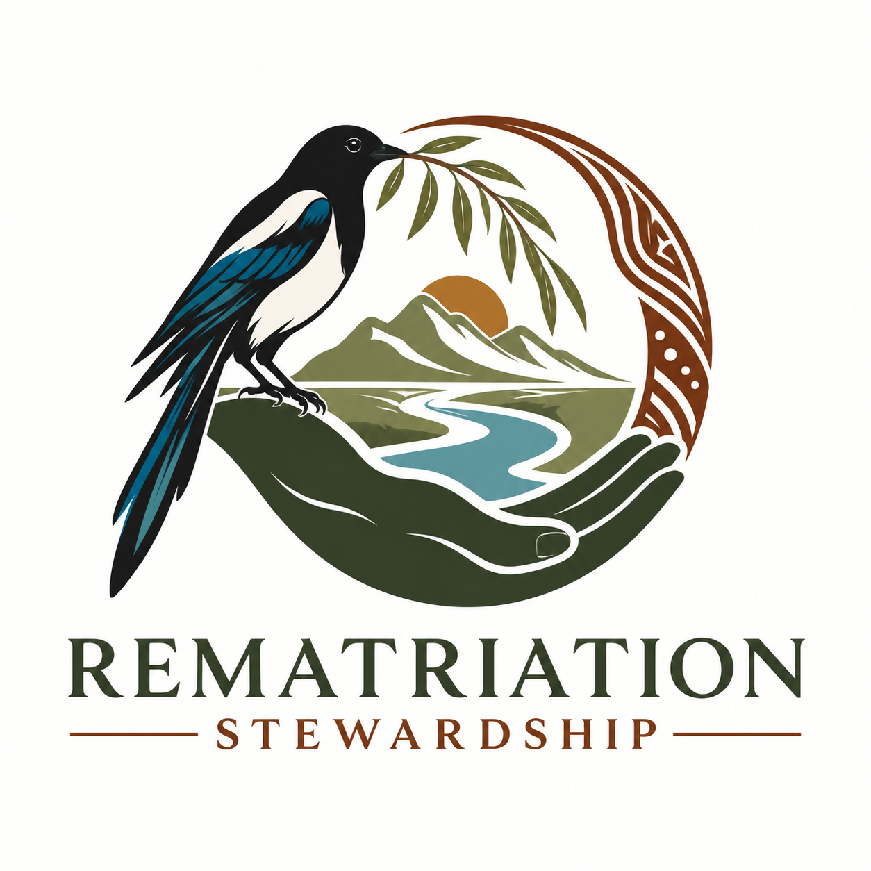 Rematriation Stewardship emblem with magpie, willow, hand, land and water